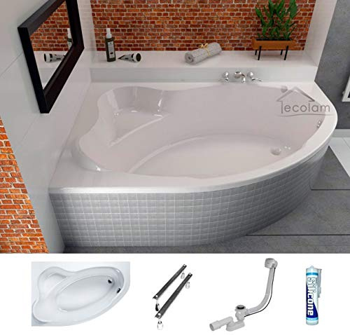 ECOLAM® Badewanne Eckwanne Comfort 140x100 cm LINKS Acryl weiß Ablaufgarnitur Ab- und Überlauf Automatik Füße Silikon
