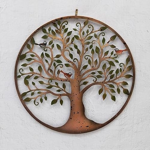 Annibells Large Rustic Metal Round Garden Wall Plaque - Tree with Green Leaves 60 cms