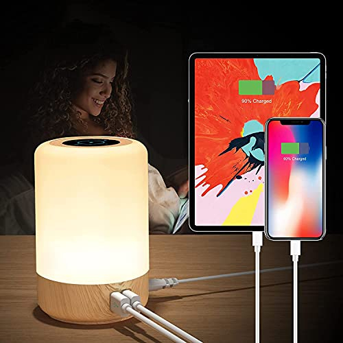 Taipow Nachttischlampe Touch Dimmbar mit 4 USB-A-Ladeanschlüssen, 8 Farben/10 Helligkeitsstufen, LED Tischlampe Nachtlicht Lampe Farbwechsel mit Ladefunktion Schlafzimmer Wohnzimmer (Eurostecker)