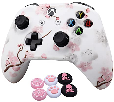 RALAN Skin per controller per Xbox One, in silicone, compatibile con controller Xbox Ones (2 impugnature per pollice Pro rosa, gatto, teschio e impugnatura x 2) blu farfalla rosa