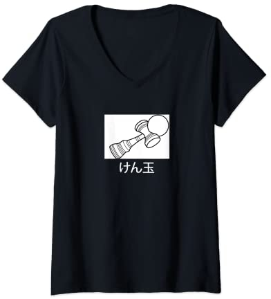 Damen Kendama-Merch, japanische Buchstaben T-Shirt mit V-Ausschnitt