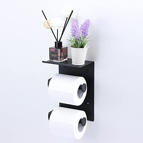 SCDGRW Vertical Matte Black Toilet Paper Holder with Shelf – 304 Stainless Steel Wall Mount Stacked Double Roll Holder, Fits Mega Rolls & Holds Phone – Space-Saving Bathroom Organizer