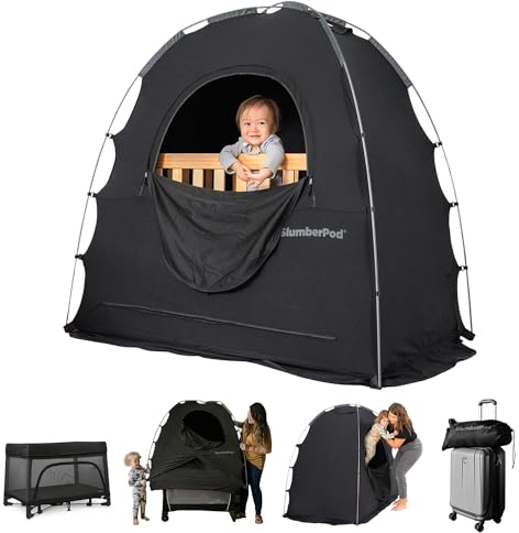 SlumberPod The Official Blackout Sleep Tent for Pack and Play, Mini Cribs and Travel Cribs, Blackout Canopy Crib Cover, Sleep Pod for Kids with Monitor Pouch and Fan Pouch, Black/Grey