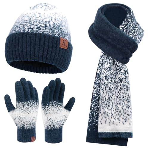 Damen Winter Warm Mütze Touchscreen Handschuhe und Lang Schal Set mit Fleece Gefütterte, Thermo Wintermütze Strickmütze Beanie Winterhandschuhe Strickhandschuhe Schals, Marineblau Weiß