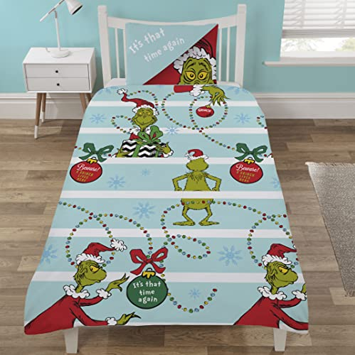 Coco Moon The Grinch Reversible Single or Double Bed Size Duvet Cover and Pillow Set for Kids Ideal Prime Gift (Single, White & Blue)