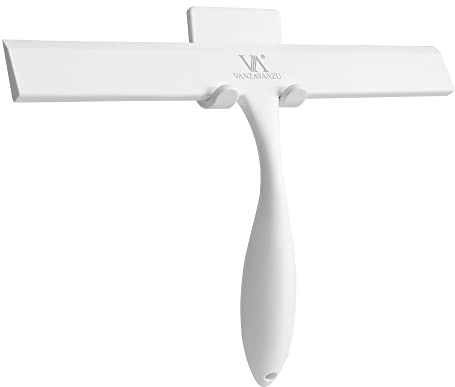 Raclette de Douche pour Portes de Douche en Verre, Raclette en Silicone Tout Usage de 11 Pouces pour Salle de Bain, Nettoyage de Vitres, avec Poignée Antirouille, Crochet adhésif, pour Miroir (Blanc)