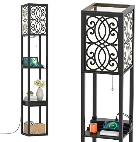 COSTWAY Floor Lamp with Shelves, 3 Layers Tall Standing Light with 2 USB Charging Ports and a Drawer Storage, Wooden Reading Lamp for Bedroom Living Room Office (Carved)