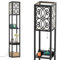 COSTWAY Floor Lamp with Shelves, 3 Layers Tall Standing Light with 2 USB Charging Ports and a Drawer Storage, Wooden Reading Lamp for Bedroom Living Room Office (Carved)