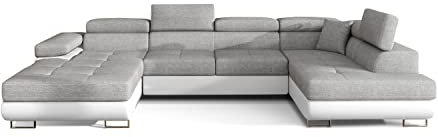 ALTDECOR Ecksofa rechts mit Schlaffunktion und Bettkasten mit Gasdruckfeder, Polstercouch in U-Form rechts angeordnet, rückenecht gepolstert, ideal als Gästebett - RODI 345x202x90 cm Hellgrau/Weiß
