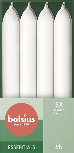 Bolsius Candele affusolate per cena – Bianco – Confezione da 8 – 17 x 2 cm – Lunga durata di 5 ore – Cera vegana naturale – senza gocciolamento – senza olio di palma