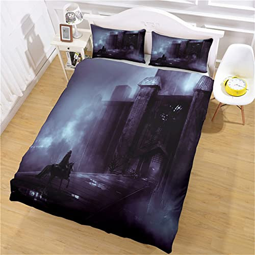 VACSAX Bettbezug 135x200 cm Und 2 Kissenbezug 80x80 cm, 3D Druck Dunkle Burg Ritter Weiche Mikrofaser Kinder Bettbezüge, Bettwäsche-Set 3 Teilig Wendebettwäsche Mit Reißverschluss, Reißveschluss