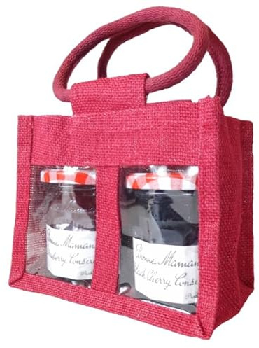 Hampabox RED 2 JAR Jute Bag with Handles - Xmas Hessian Gift Bags for Jams, Chutneys, Pickles, Gift Bags