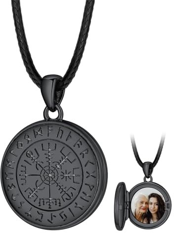 FaithHeart 925 Foto Anhänger für Damen Herren, Schwarz Medaillon mit Wikinger Vegvisir Symbol, Wikinger Amulett mit Bildanhänger für Geburtstag Weihnachten Halloween