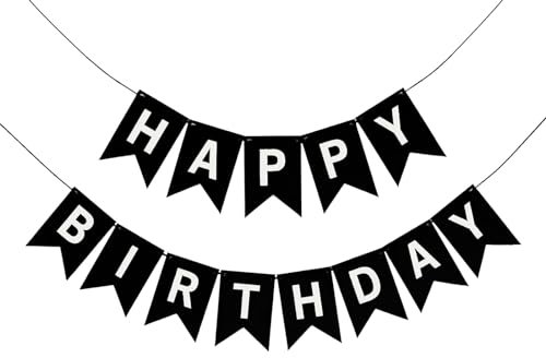 GLASNES Black Happy Birthday Banner Black Happy Birthday Bunting Banner with White Letters for Men Women Birthday Party Decorations