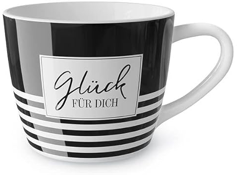 La Vida Porzellan Tasse Streifen Glück für dich schwarz weiß 400ml