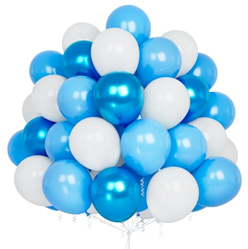 Luftballons Blau Weiss 60 Stück Blaue Luftballon Metallic Ballons Blau Weiße Luftballons mit Band für Babyparty Deko Junge Geburtstag Hochzeit Taufe Party Dekorationen