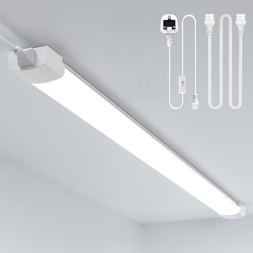 Amdelne 6000k Led Batten Light, 5FT 150CM, 45W Plug in Wall Led Batten Light Daylight, IP65 Plug in Ceiling Light Strip for Garage, Office, Bedroom, Living Room,Wall, Kitchen, Shed,Outdoor