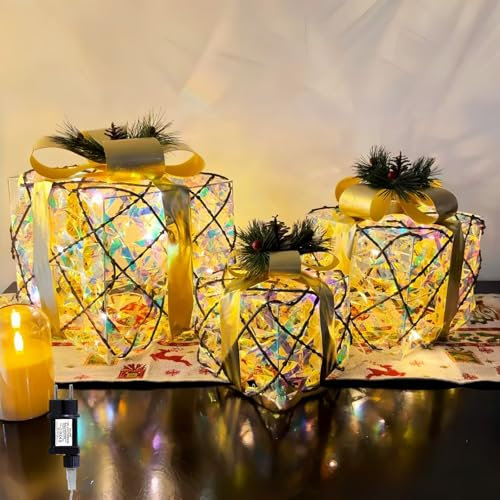 CCLIFE Juego de 3 Cajas de Regalo Con Luz LED, Iluminadas para Árbol de Navidad, Hogar y Decoraciones CushHom