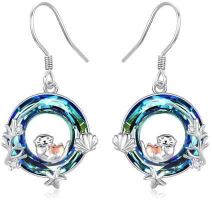 StoryEtain Otter Geschenk für Damen 925 Sterling Silber Otter Hängend Ohrringe Otter Kristall Ohrringe Seeotter Ohrringe Otter Tierschmuck für Frauen Mädchen Otter Liebhaber