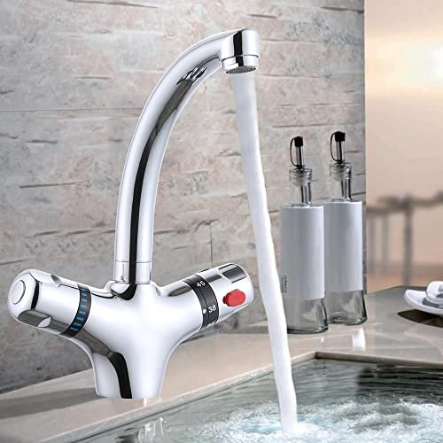 Thermostat Waschbecken, Edelstahl Armatur Waschtischarmatur Mischbatterie Wasserhahn Küchen, mit Zweigriff Drehknopf, Mischbatterie Wasserhahn Küchen Badezimmer Armatur, Poliert, Silber