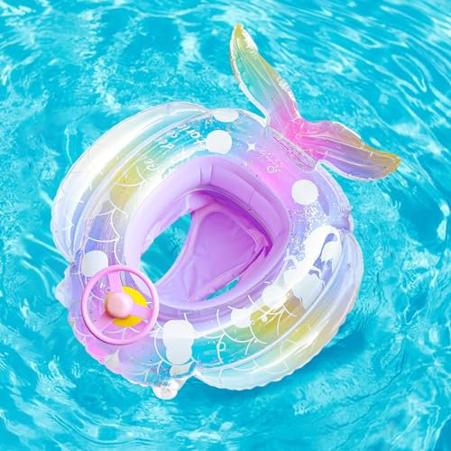 Balakaka Flotador Bebé 70×75 cm, Anillo de Natación Inflable para Bebé de 1-5 Años, Flotador de Piscina Juguetes de Desarrollo con Asiento de Seguridad & Volante, Sirena de ensueño