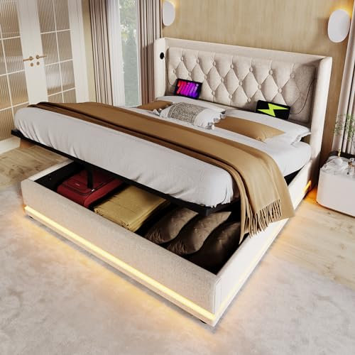 FEZTOY Polsterbett Doppelbett 140x200 cm, Baumwolle Hydraulisches Stauraumbett, gepolstertes Kopfteil mit USB Typ-C Ladefunktion, LED Betten Bettgestell, Jugendbett, Ohne Matratze, Beige