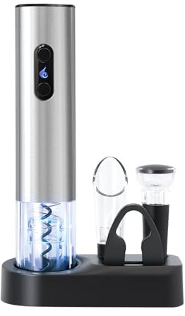 ELMWAY Battery Electric Wine Opener Set – Stainless Steel Corkscrew with Storage Base, Foil Cutter, Wine Aerator Pourer & Vacuum Stopper, Dual LED Lights & Transparent Window (4xAA Not Included)