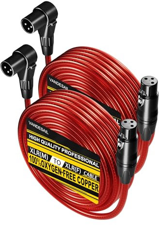 VANDESAIL XLR Cables 50ft Right Angle XLR Microphone Cable 2 Pack Male to Straight Female Mic Cord 3 Pin for Speakers Audio Interface Pro Camcorders DSLR Video Cameras Recording Red