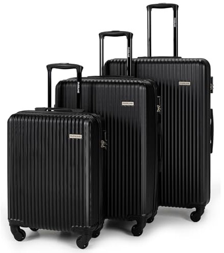 FASSLINE Kofferset 3 stück, Trolley Set Handgepäck und Reisegepäck, Kabinenkoffer, Mittel und Großer Koffer Hartschale aus ABS, Vier 360°-Spinner-Rollen, Zahlenschloss, Teleskopgriff, Schwarz