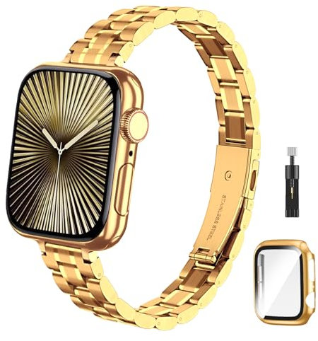 chuangshiji Correa Compatible con Apple Watch 10 46mm Correa Ajustable de Metal de Repuesto para iWatch 10 Series, Pulsera de Acero Inox para Apple Watch Band de Mujer con Funda, Oro