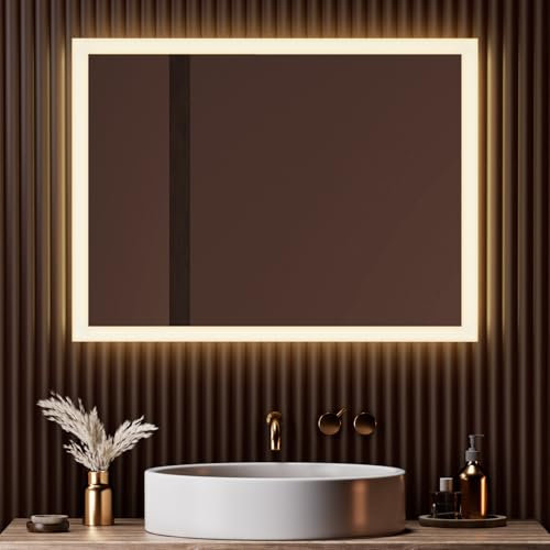 EMKE® Badspiegel mit Beleuchtung 70x50cm Badezimmerspiegel 3000K Warmweiß Wandschalter Vertikal/Horizontal Montage IP44 Explosionsschutz Spiegel mit Beleuchtung Energiesparend