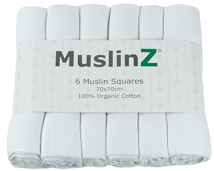 MuslinZ Mulltücher für Babys, große Mullwindel, Spucktücher, wiederverwendbare Windeln, 70 x 70 cm, 100 % reine Bio-Baumwolle, saugfähig und atmungsaktiv, vielseitig verwendbar, für Neugeborene, Weiß
