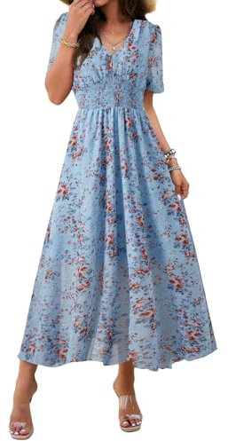 IFFEI Women Summer Maxi Dress Short Sleeve Wrap V Neck Floral Print High Waist Long Flowy Dresses L Light Blue