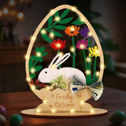 Giftota Osterdeko Holz mit LED Lichterkette, Frühlingsdeko Tisch Osterhase Deko, Geldgeschenk zu Ostern, DIY Osterdekoration, Original Ostergeschenke Kinder Familien