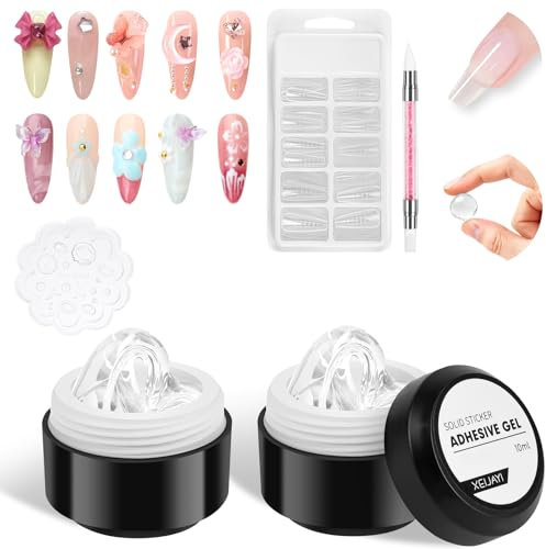 BUTBU 104 Piezas Pegamento de Uñas en Gel Sólido Kit, 2*10 ML Pegamento En Gel para Uñas Acrílicas, Pegamento para Uñas Postizas de Larga Duración U V pegamento, con 100 Piezas Moldes Uñas Acrilicas