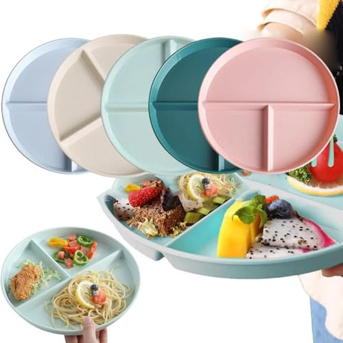 Assiettes Divisées,Assiettes Compartiments,Assiettes Perte de Poids,Assiette Plate avce Compartiments,Réutilisables Assiettes à Dessert,Assiette Plate Incassable,pour Adultes et Enfants (5)