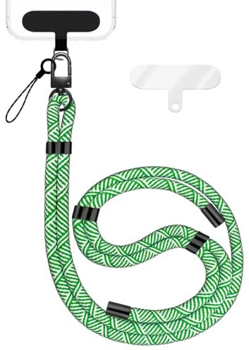 NALIA HoldMe Universal Handykette für Smartphone & Handyhüllen, Nylon-Seil Verstellbar & Abnehmbar, Umhänge-Band, Handyband, Lanyard mit Karabiner (schwarz) & 2 Patches, Farbe:Grün Weiß