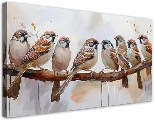 Feeby Wandbilder - Bilder Schlafzimmer - Vögel auf Ast Braun - 100x50 1tlg - Wohnzimmer Bild Groß - Wohnungs - Foto Geschenk - Leinwand Wall Art - Wand Deko