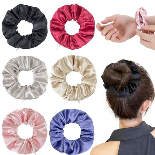 SZZETK 6 Stück Haargummi mit Reißverschluss, Haargummis Samt Scrunchies, Silk Hair Tie, Haargummis für Damen und Mädchen Silk Scrunchies Geschenk für Frauen