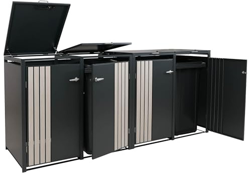 Mendler 4er-Mülltonnenverkleidung HWC-O67, Mülltonnenbox mit Deckel, Metall 122x264x84cm 104kg - anthrazit Holzoptik hell