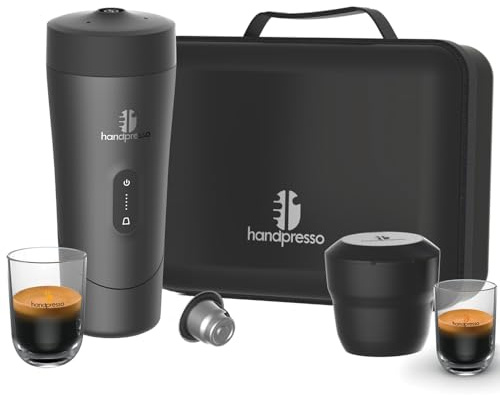 Handpresso Set auto | caffettiere da viaggio a batteria USB | capsule espresso o riutilizzabili caffè macinato | Valigetta compatta: caffettiere portatile - 2 tazze - pattumiera - cavo USB