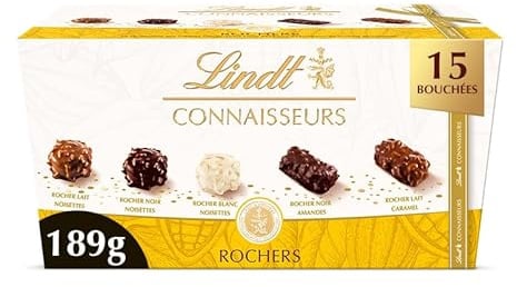 Lindt Ballotin CONNAISSEURS Chocolat Lait Noir Blanc Assortiment Rocher189g | Chocolat Lait, Noir, Blanc • Ballotin • Rocher • Praliné • Noisettes • Croquant • À offrir • À partager • Moment de plaisir.