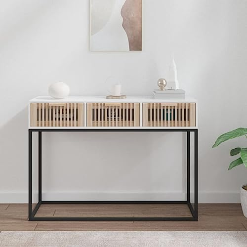 Runheo Table console blanche, 105 x 30 x 75 cm, matériau du bois et fer, design scandinave avec 3 tiroirs, entrée, salon, couloir, espace de rangement polyvalent