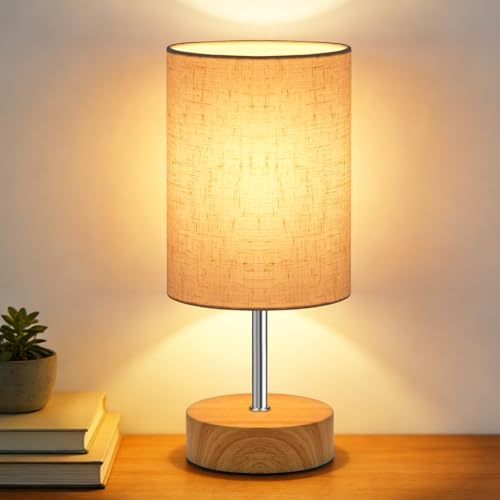 HUGCHG Touch Control Table Lamp, Dimmable Touch Control Bedside Lamp Small Table Lamp with Wood Grain Base ＆ Linen Fabric Shade for Bedroom,Living Room,Children's Room,Bulb Included