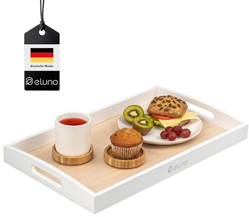 eluno Serviertablett aus Bambus, Servierplatte mit seitlichen Griffen und Einlegeboden, ideal als Frühstückstablett - geeignet für Wohnzimmer, Schlafzimmer oder als Dekoration (Natur-Weiß)