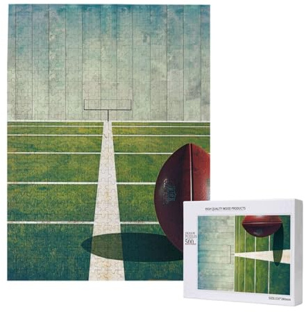 US Football Field Ball Sport Printed Jigsaw Puzzle with Storage Box, Wooden Puzzle for Adults and Kids, 500 Pieces Family Fun Decorative Game, 38x52CM