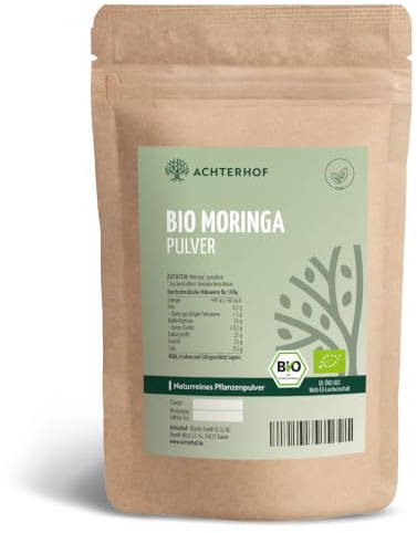 Moringa Pulver Bio 250g | aromatisch, angenehmer, leicht scharfer Geschmack | 100% echtes Moringa Oleifera Blattpulver | aus kontrolliert biologischen Anbau | vom Achterhof
