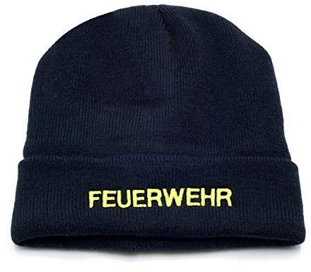 PACOTEX Premium Wintermütze Strickmütze Marineblau mit Stick Feuerwehr und 3M Thinsulate Wärmeisolation (Stickfarbe, leuchtgelb)