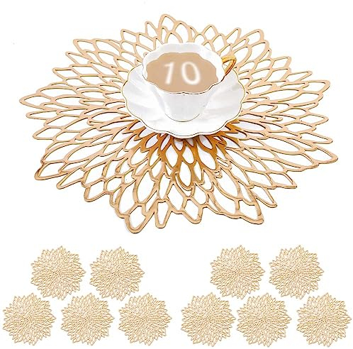 Mangata tovagliette e sottobicchiere oro tonde, 38 cm tovaglietta vinyl per natalizie, anniversari, cene, Ristorante, Hotel (lavabili, Set di 10)
