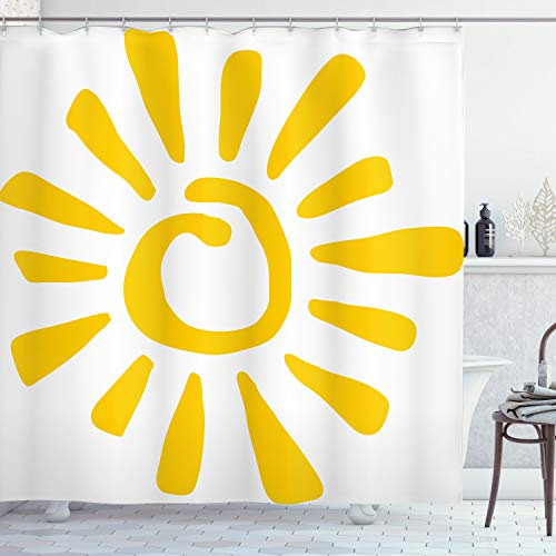 ABAKUHAUS Sonne Duschvorhang, Doodle Sun Burst Sommer, Stoffliches Gewebe Badezimmerdekorationsset mit Haken, 175 x 200 cm, Gelb Weiss